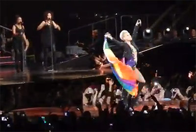 Pink performs with a rainbow flag in Melbourne