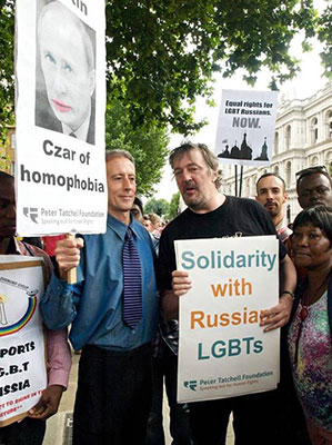 Peter Tatchell and Stephen Fry protest against  Russian state homophobia in London on Saturday