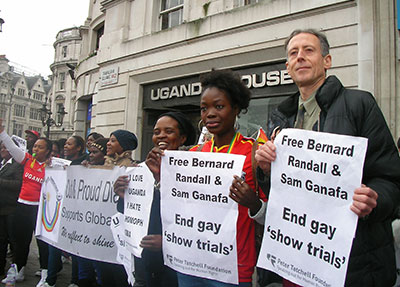 Protesters outside the Ugandan High Commission in London on Monday