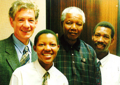 Nelson Mandela with LGBTI activist Sir Ian McKellen and LGBTI activists Phumi Mtetwa and Simon Nkoli