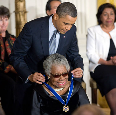 President Barack Obama presents Maya Angelou with the Presidential Medal of Freedom in 2011