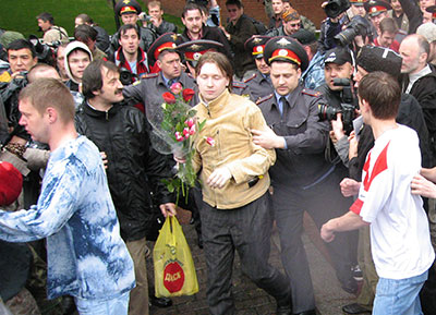 Nikolai Alekseev being arrested at the first banned Moscow Pride in 2006
