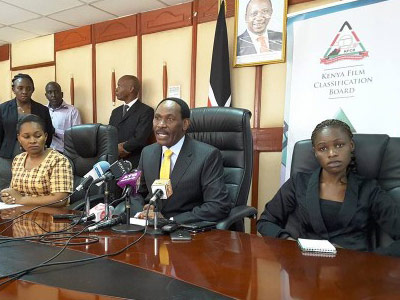  KFCB Chief Executive of KFCB Ezekiel Mutua (centre) banned the video last month