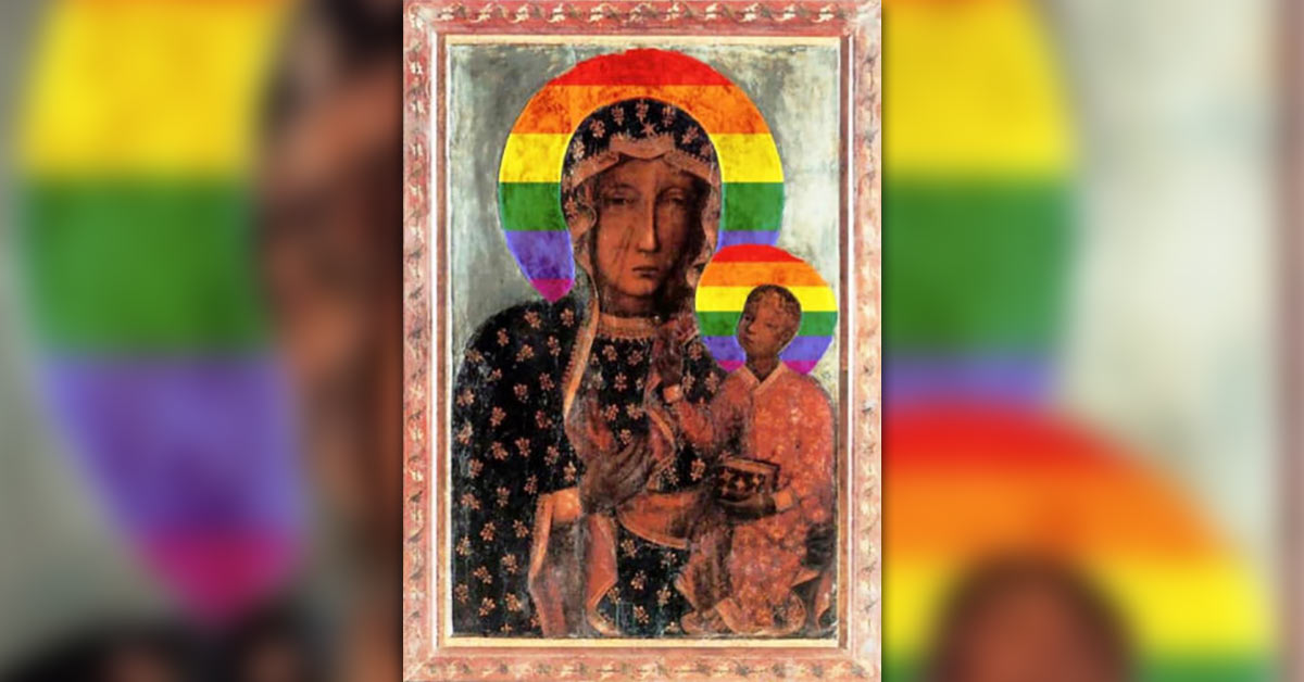 A judge in Poland said that a poster with the Virgin Mary and baby Jesus surrounded by the rainbow flag colours was not offensive.
